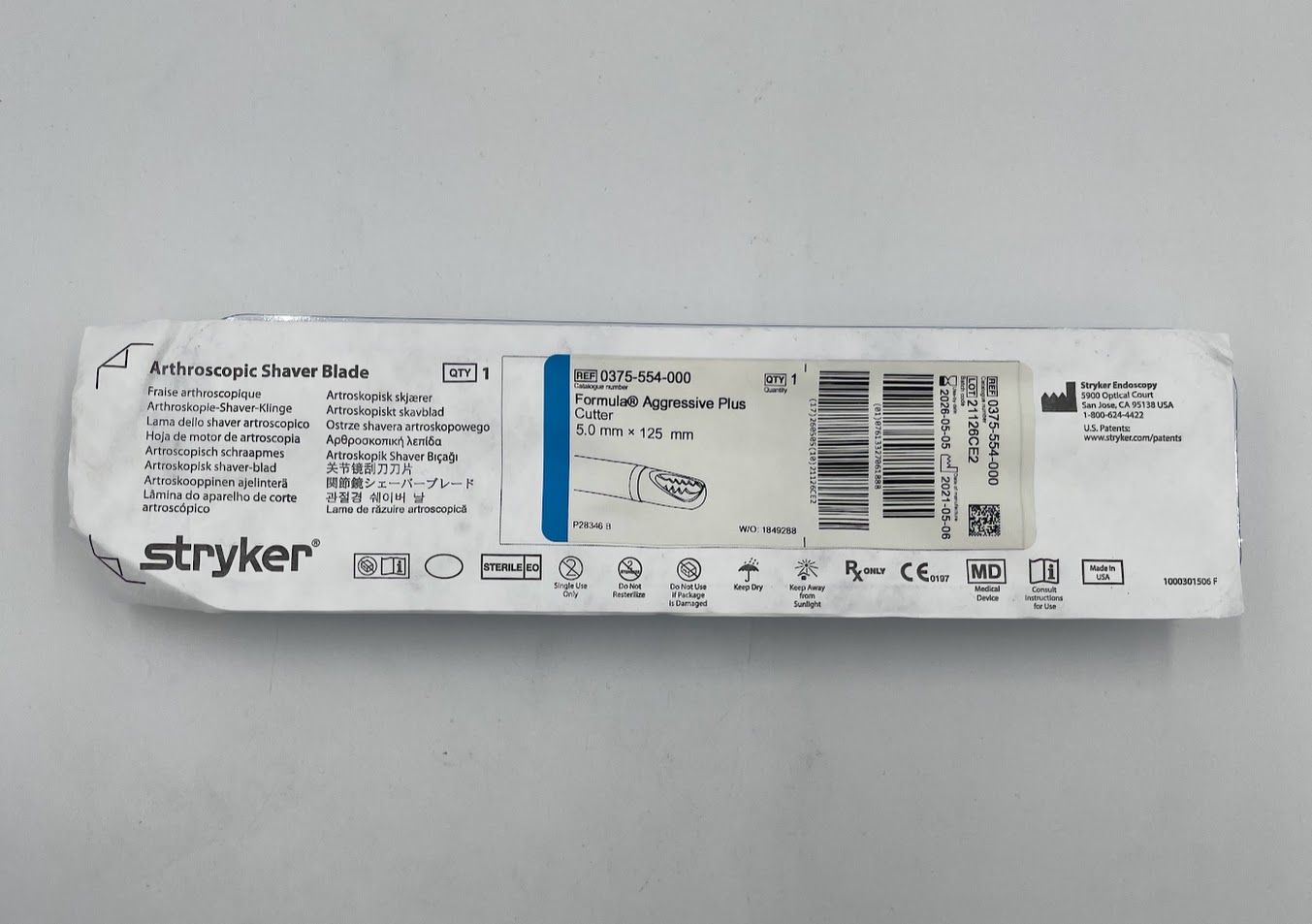 STRYKER 0375-554-000 Formula Aggressive Plus Cutter - Arthroscopic Shaver Blade, 5.0mm x 125mm (X)