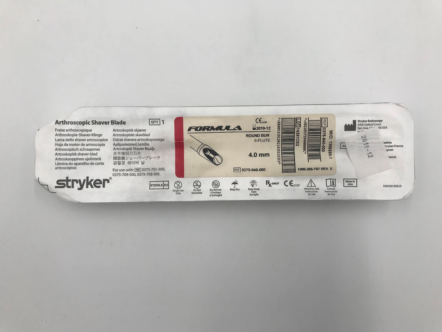 STRYKER 0375-940-000 Formula Round Bur 6-Flute Disposable Arthroscopy Blade, 4.0mm (X)