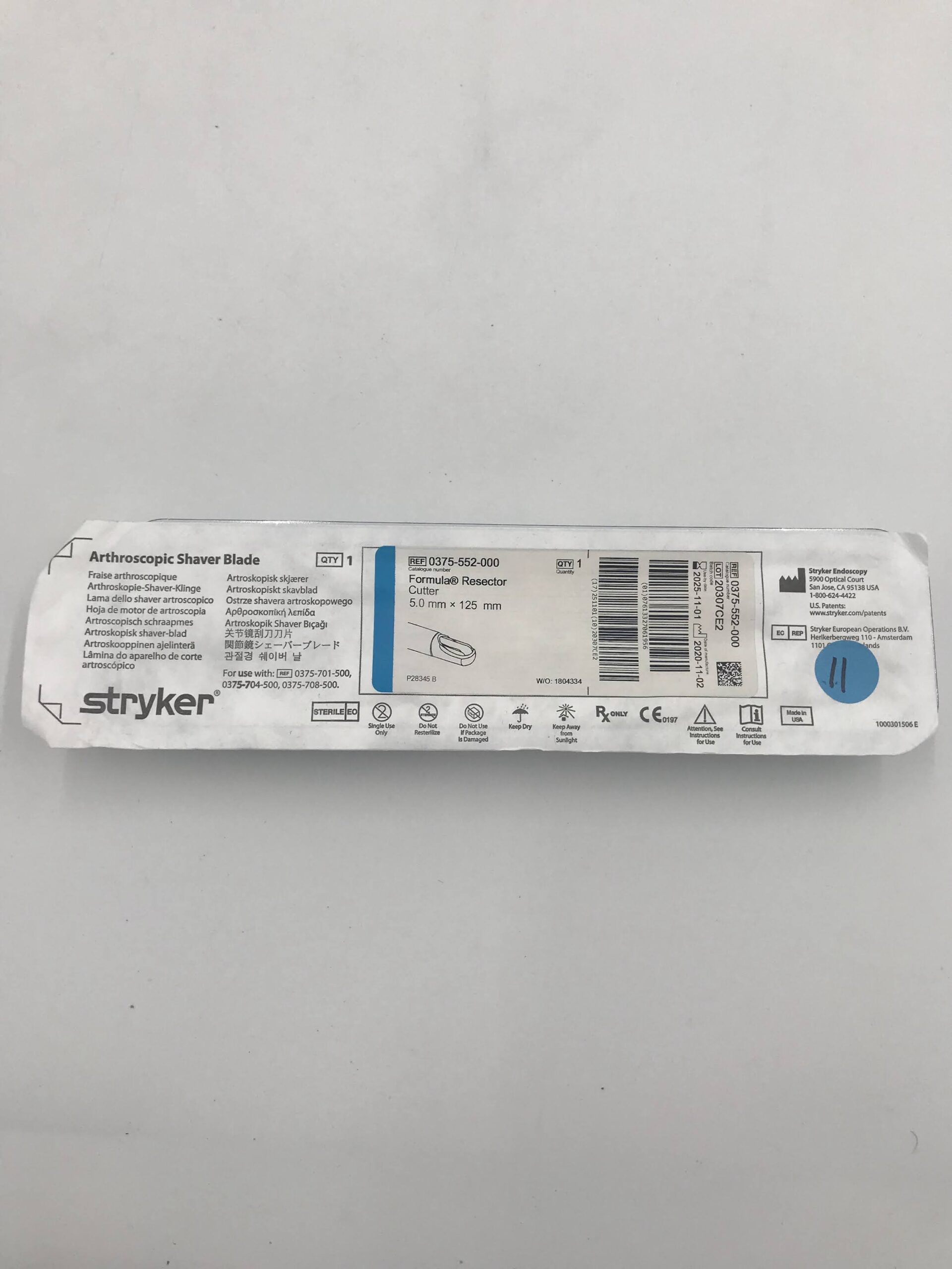 STRYKER 0375-552-000 Formula Resector Cutter, Disposable Arthroscopic Blade 5.0x125mm (X)
