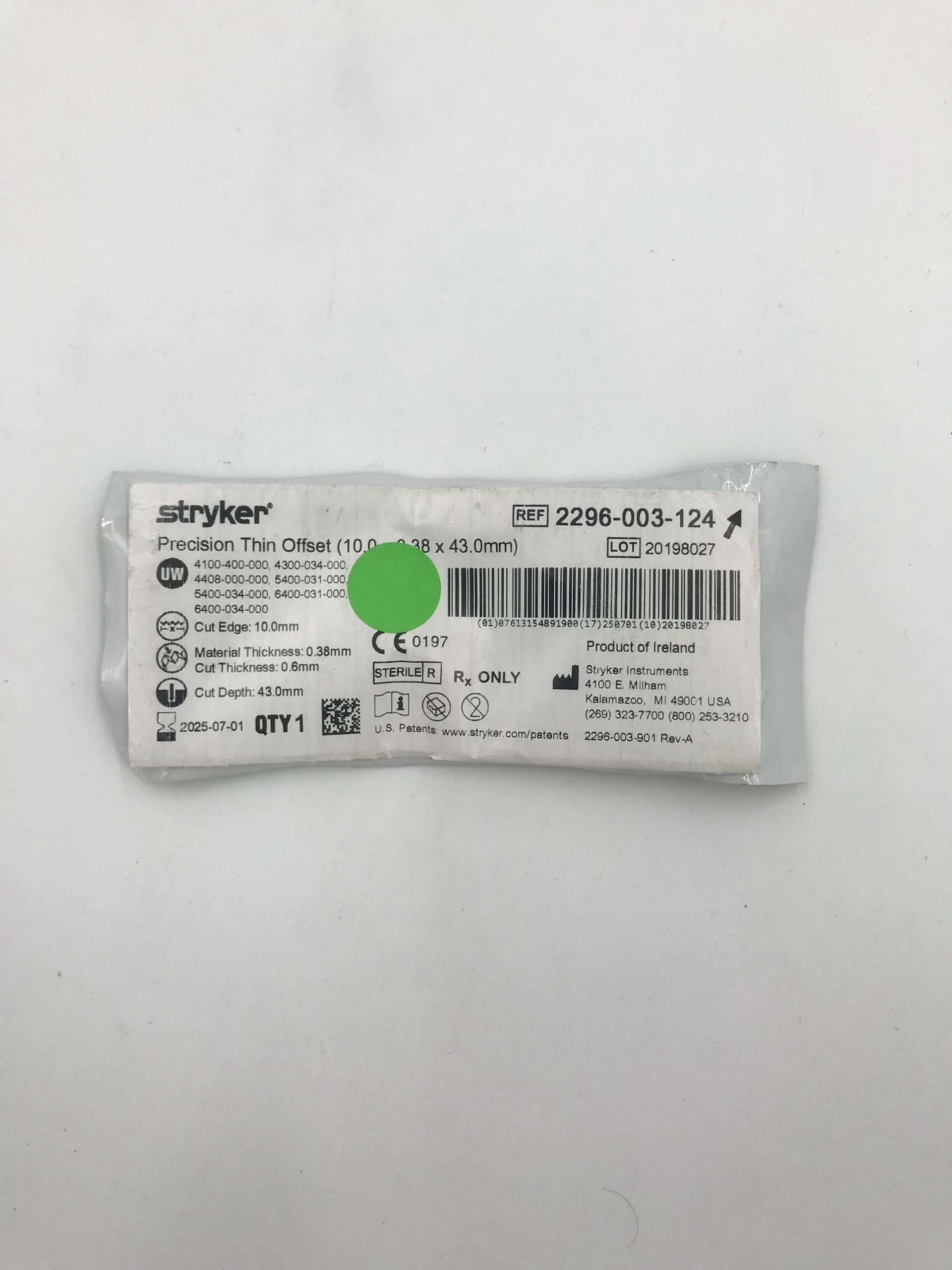 STRYKER 2296-003-124 Precision Thin Offset (10.0 x 0.38 x 43.0mm) (X)