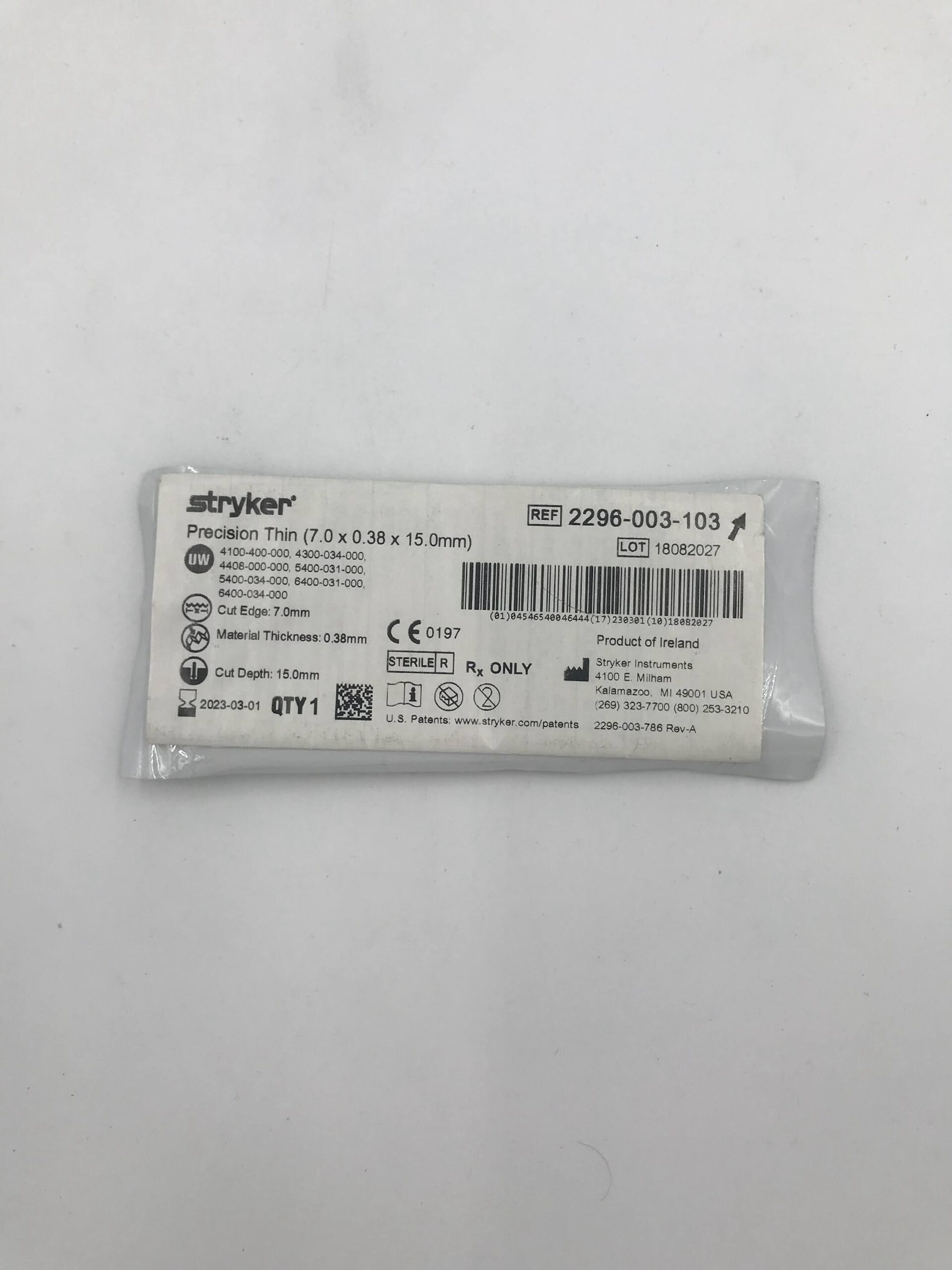 STRYKER 2296-003-103 Precision Thin Blade, 7.0 x 0.38 x 15.0mm (X)