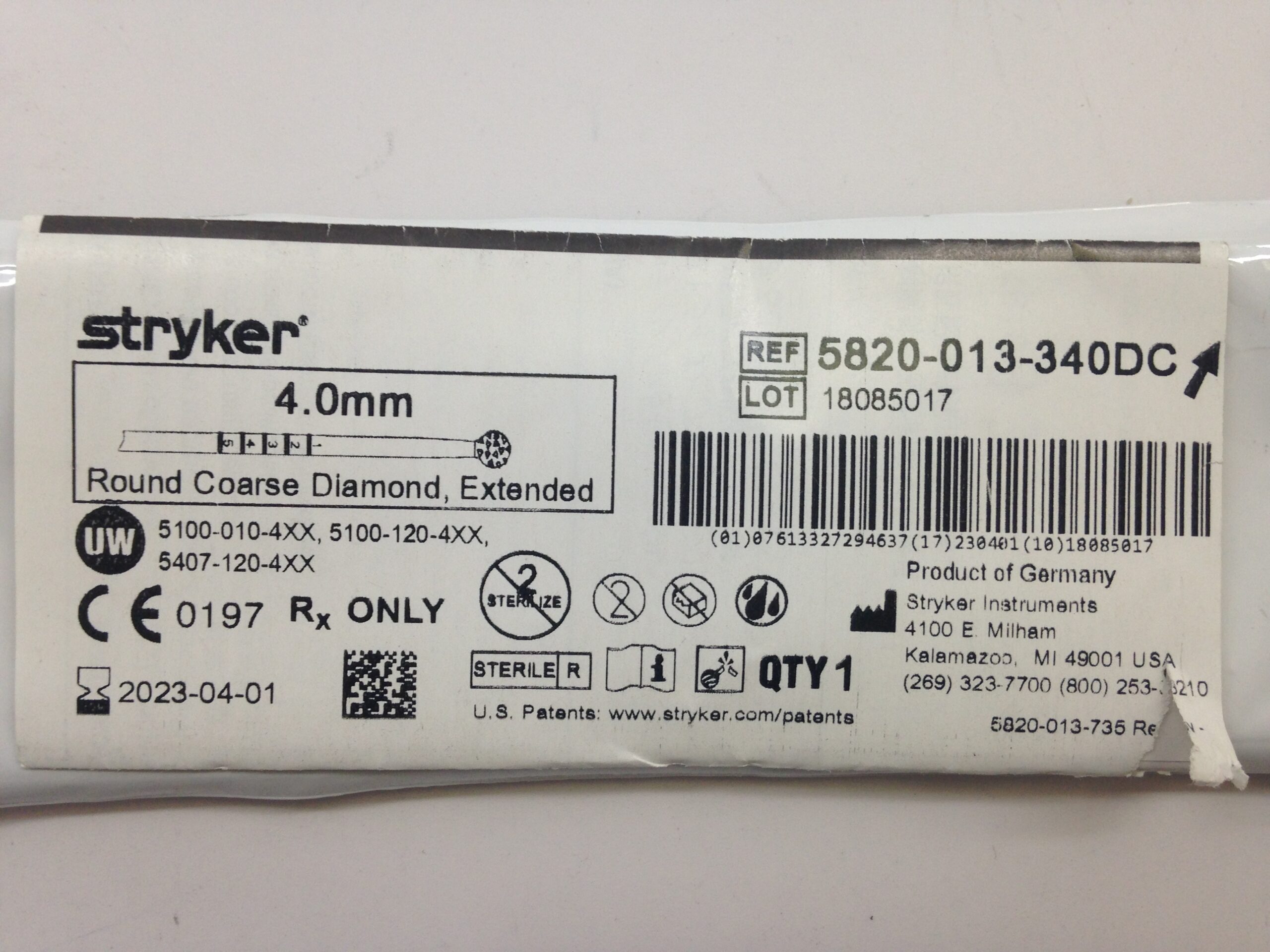 STRYKER 5820-013-340DC Round Coarse Diamond Bur, Extended, 4mm - GB ...