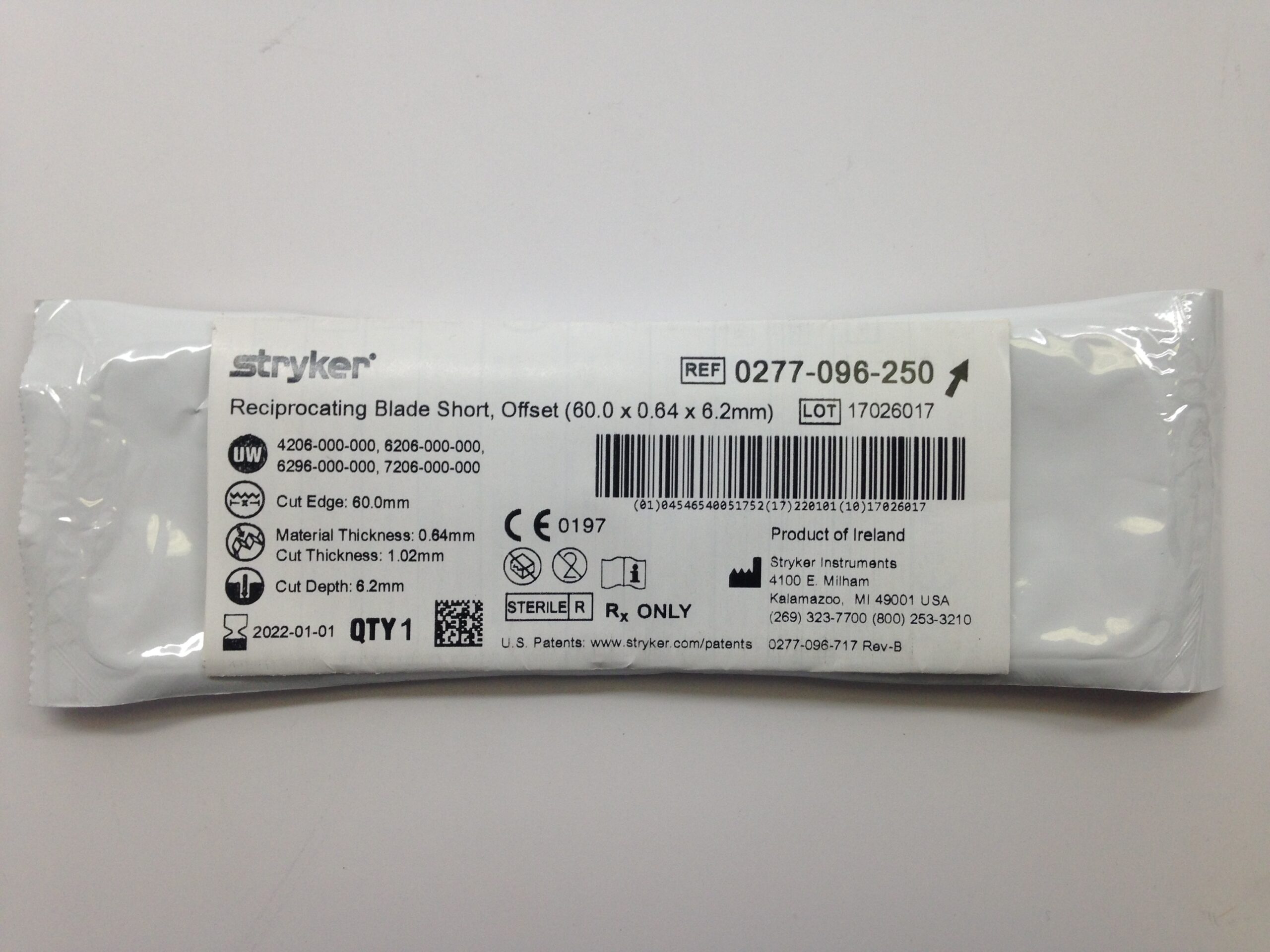 STRYKER 0277-096-250 Reciprocating Blade Short, Offset, 60.0