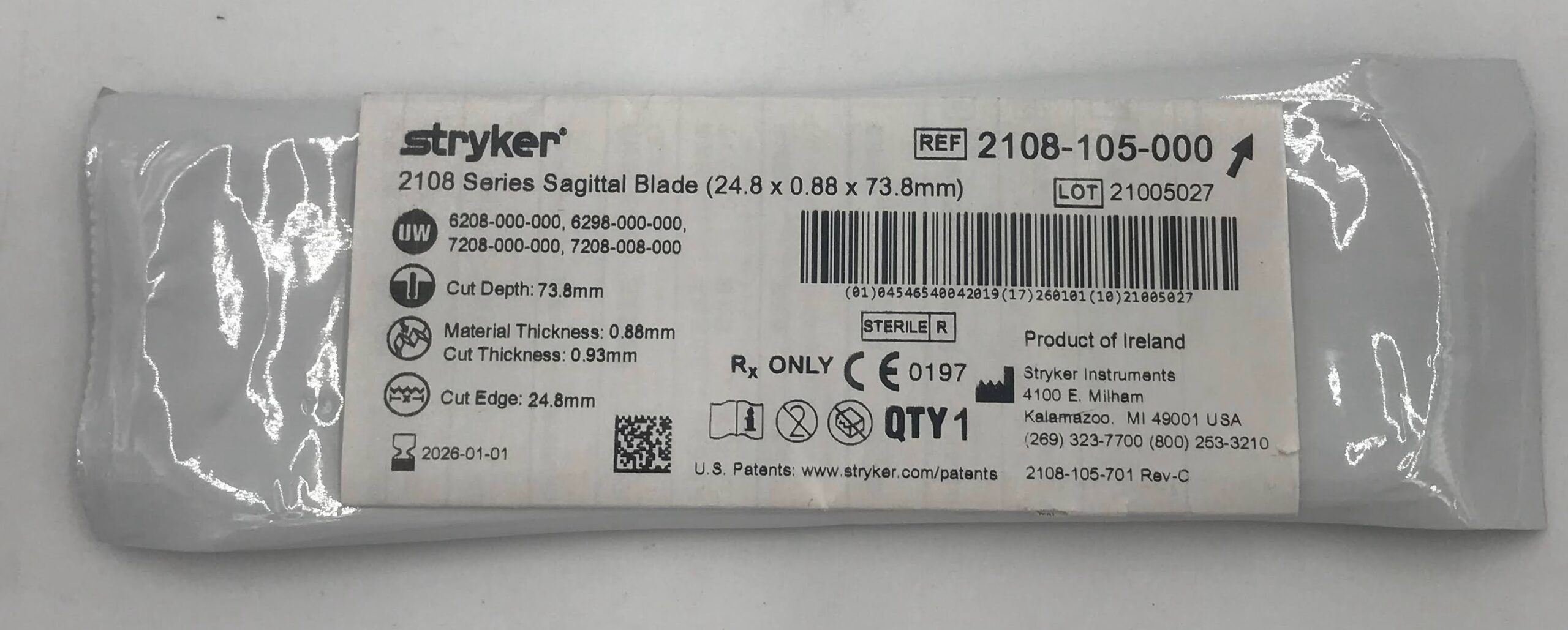 STRYKER 2108-105-000 2108 Series Sagittal Blade, 24.8 x 0.88 x 73.8mm