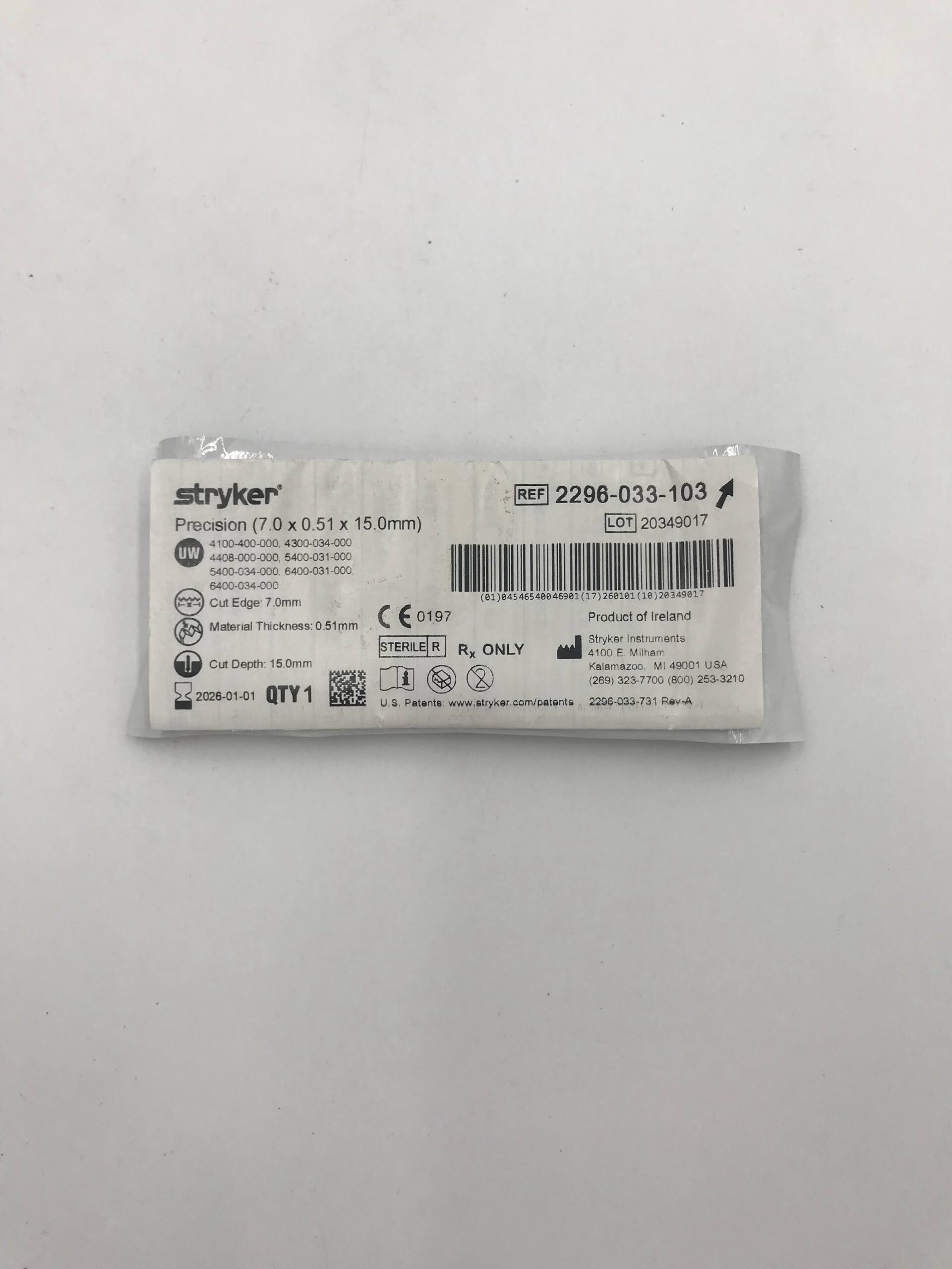 STRYKER 2296-033-103 Short Narrow Blade, 15.0mm x 7.0mm (X)