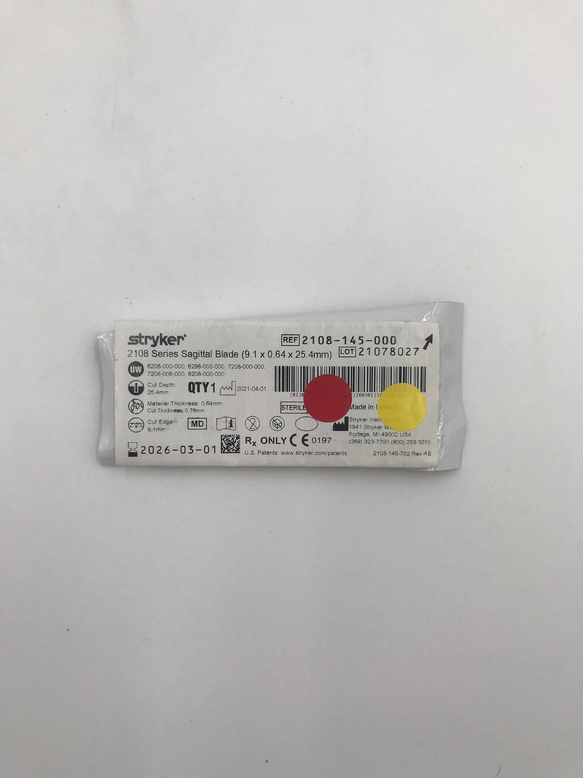 STRYKER 2108-145-000 2108 Series Sagittal Blade, 9.1 x 0.64 x 25.4mm