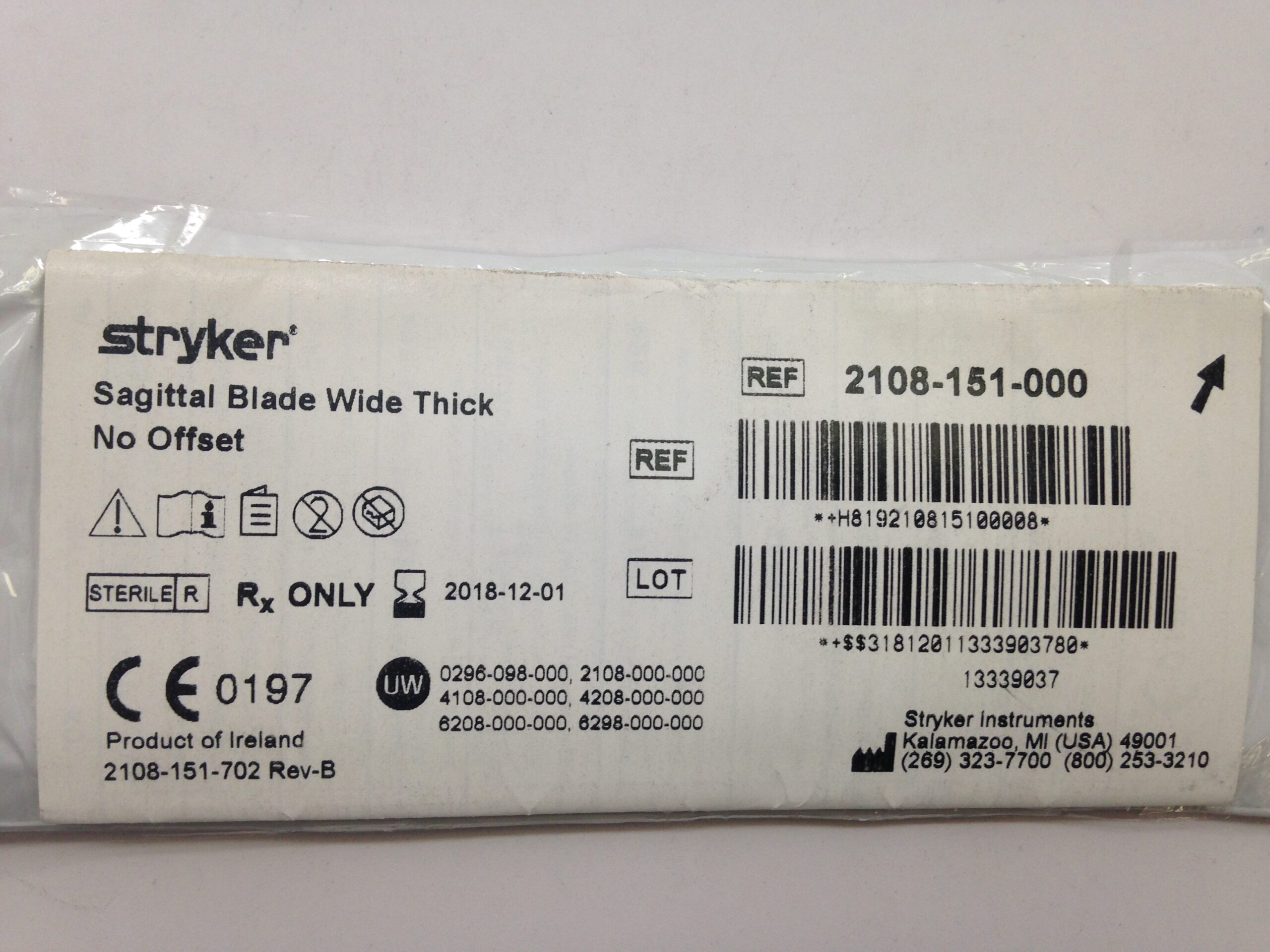 STRYKER 2108-151-000 Sagittal Blade, Wide, Thick, No Offset (X) - GB ...