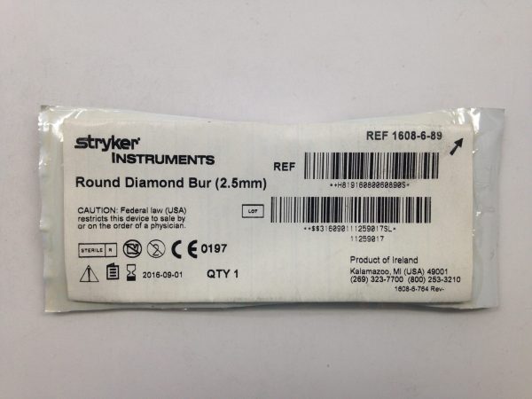 STRYKER 1608-6-89 Round Diamond Bur, 2.5mm (X)