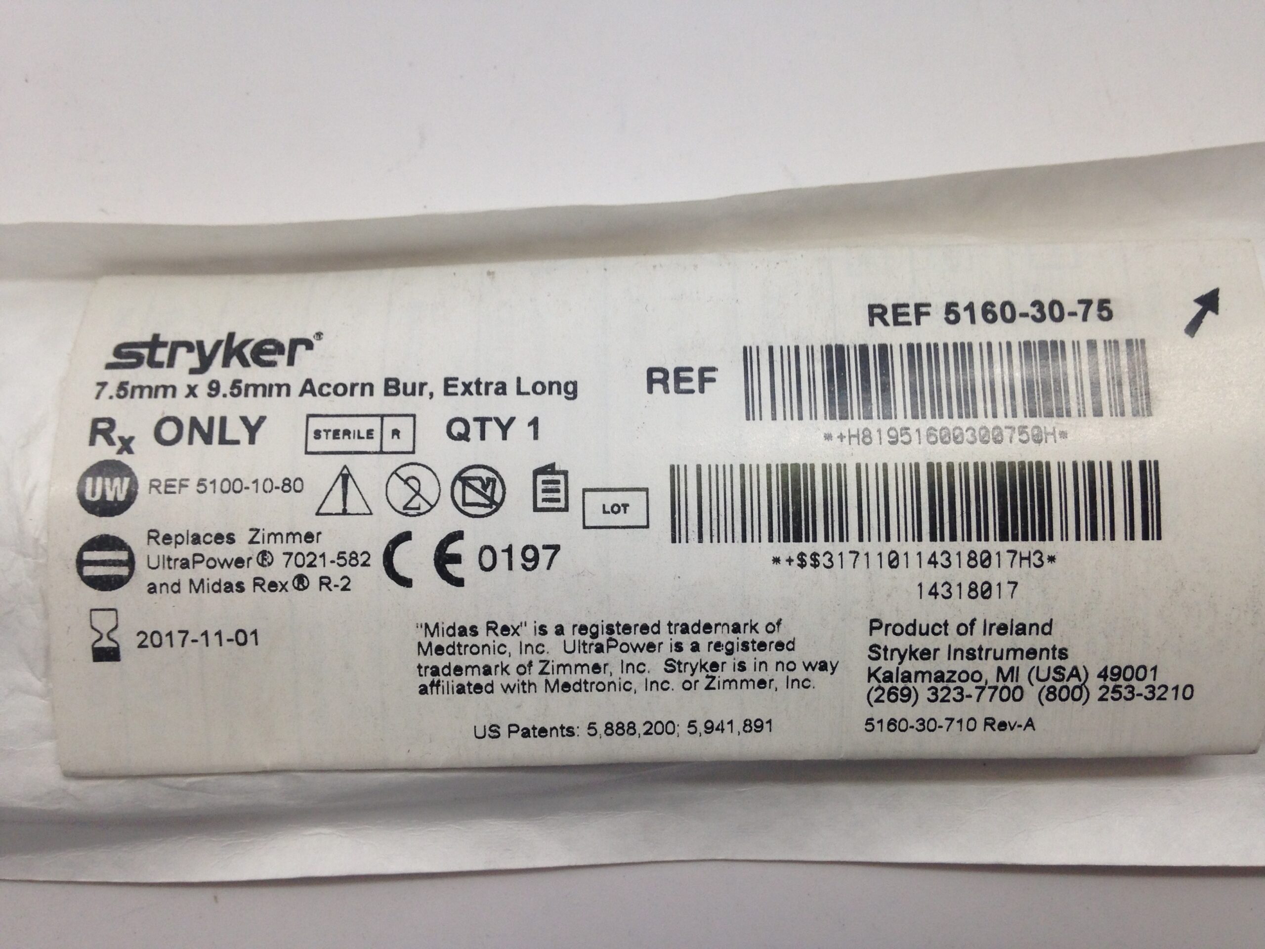 STRYKER 5160-30-75 Acorn Bur, Extra Long, 7.5mm x 9.5mm (X) - GB TECH USA