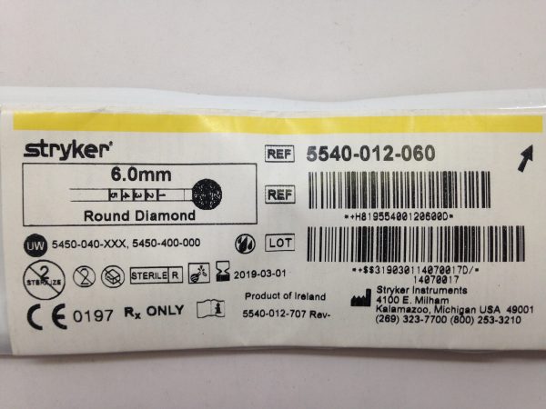 STRYKER 5540-012-060 Round Diamond Bur, 6.0mm (X)