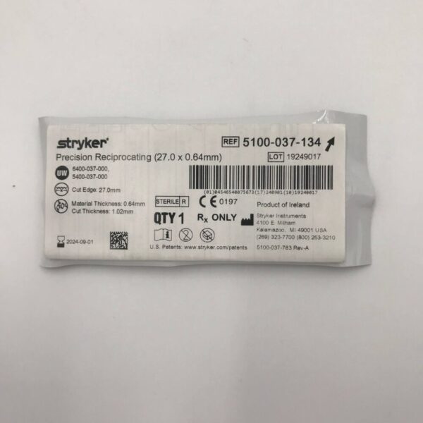 STRYKER 5100-037-134 Precision Reciprocating Blade, 27.0 x 0.64mm