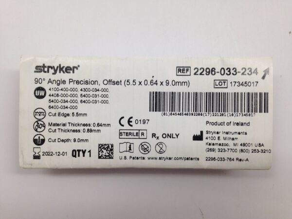 STRYKER 2296-033-234 90 Degree Angle Precision Blade, 5.5 x 0.64 x 9.0mm