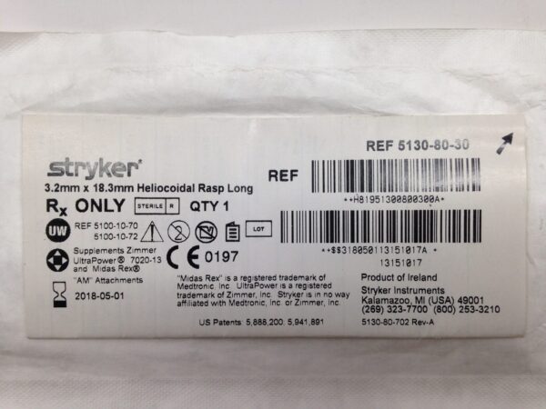 STRYKER 5130-80-30 Heliocoidal Rasp, Long, 3.2mm x 18.3mm (X)