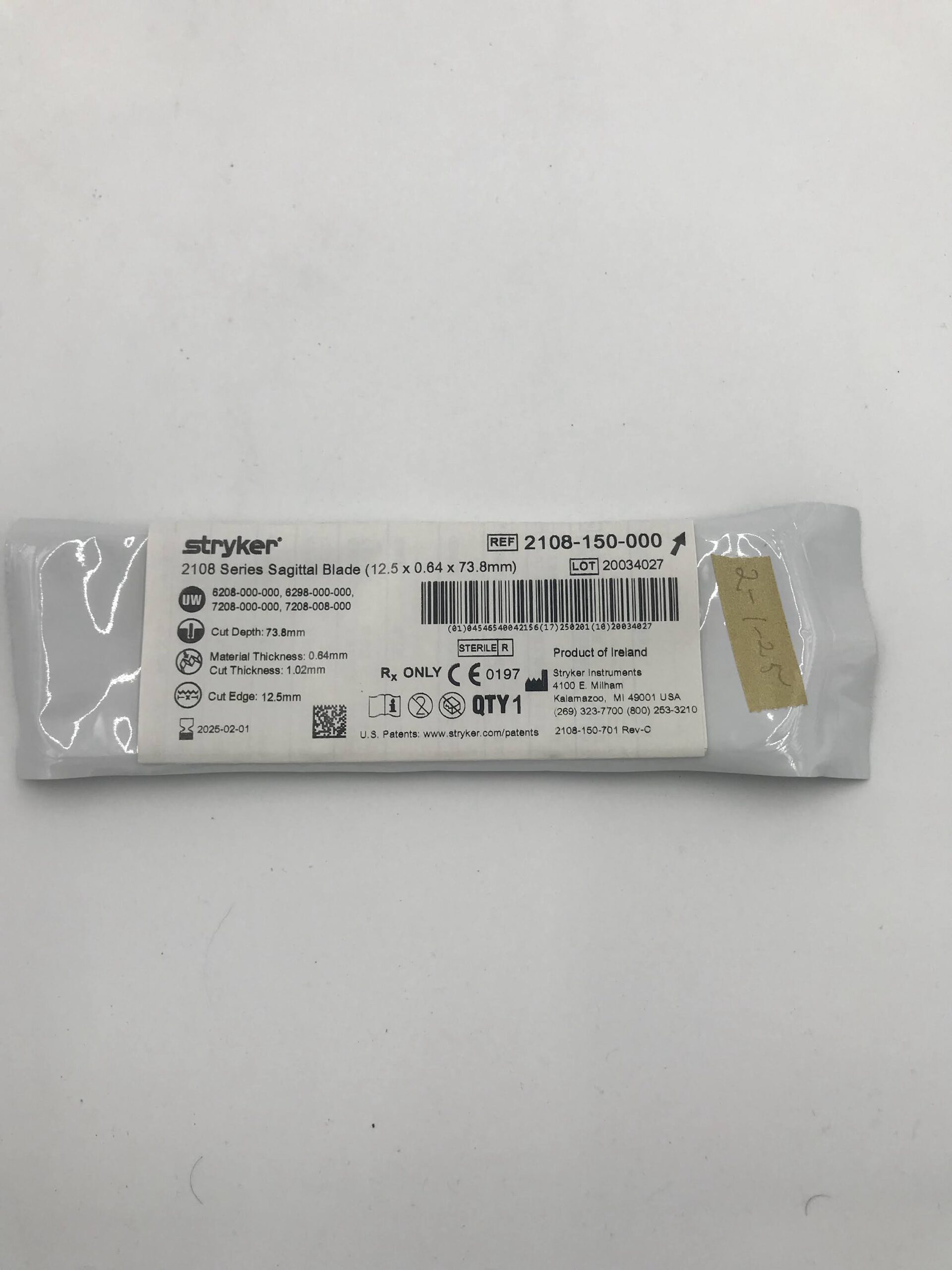 STRYKER 2108-150-000 2108 Series Sagittal Blade, 12.5 x 0.64 x 73.8mm (X)
