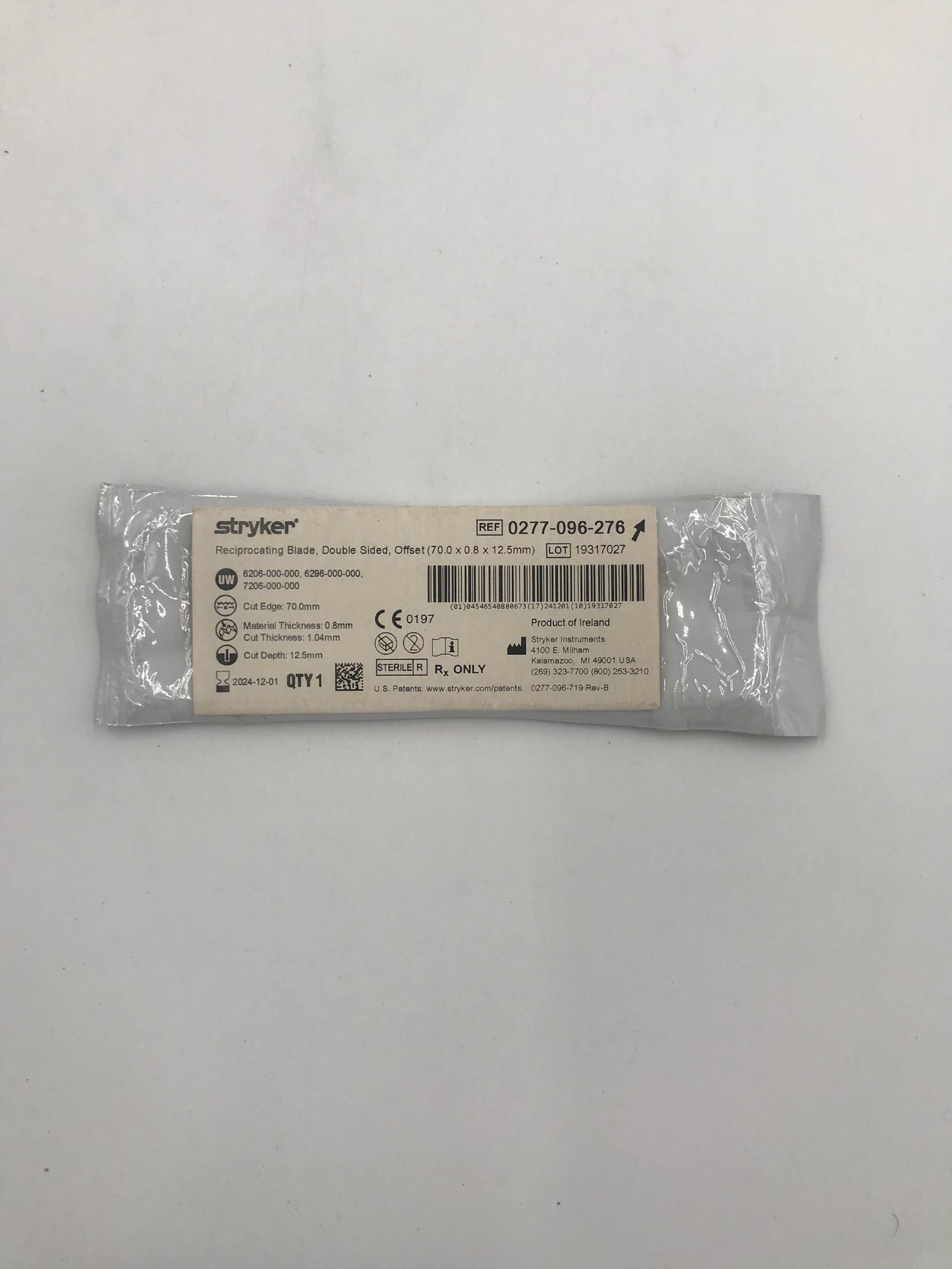 STRYKER 0277-096-276 Reciprocating Blade, Double Sided, Offset, 70.0 x 0.8 x 12.5mm (X)