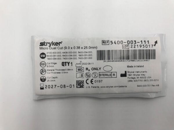 STRYKER 5400-003-111 Micro Dual Cut Blade, 9.0 x 0.38 x 25.0mm