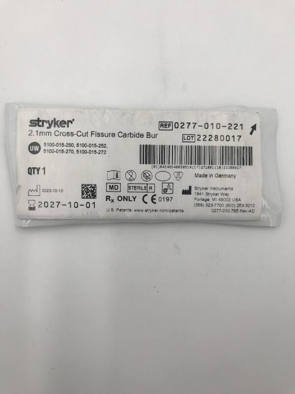 STRYKER 0277-010-221 Cross-Cut Fissure Carbide Bur, 2.1mm