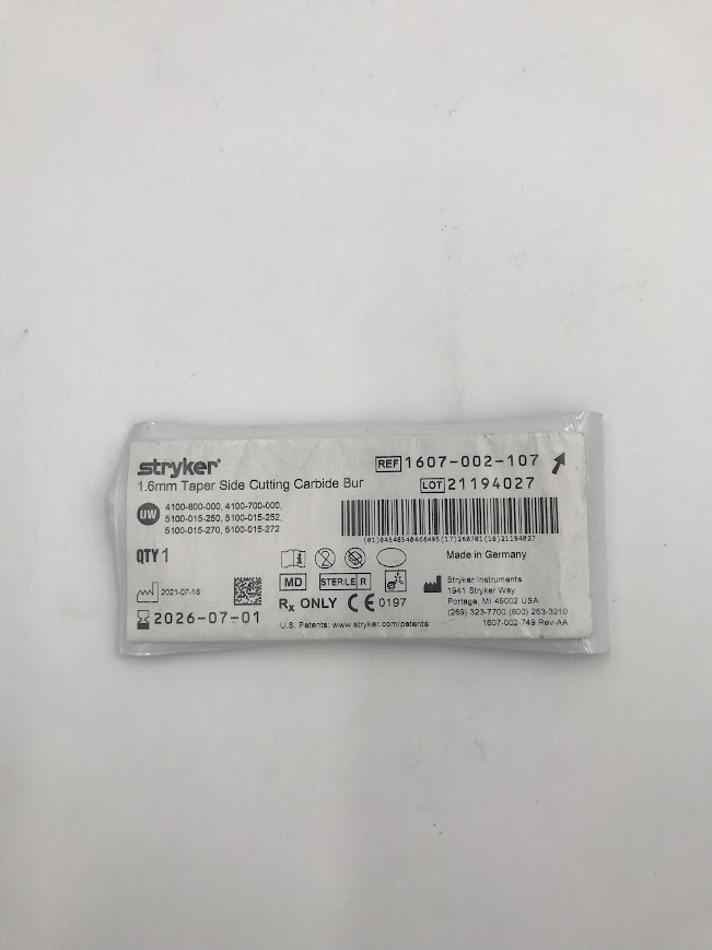 STRYKER 1607-002-107 Taper Cutting Carbide Bur, 1.6mm