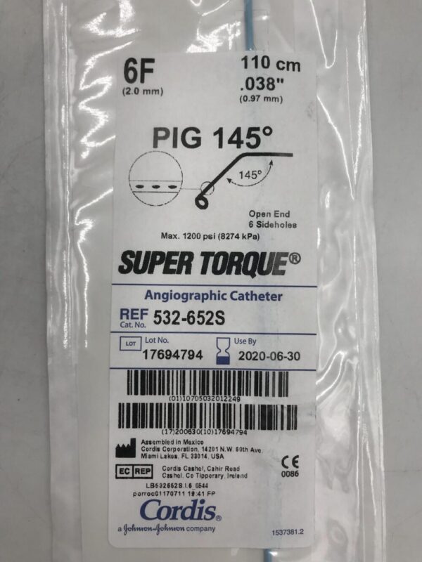 CORDIS 532-652S Super Torque Angiographic Catheter, Pig 145 Degree, 6F, 110cm, .038" (X)