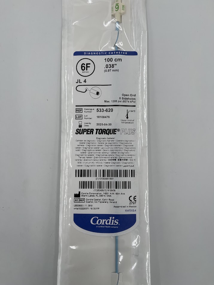 CORDIS 533-620 JL 4 Super Torque Plus Diagnostic Catheter, Open End 0 Sideholes, 6F, 100cm, .038" (X)