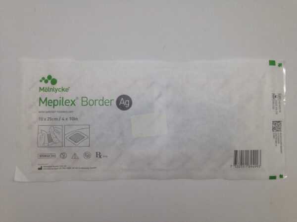 MÖLNLYCKE 395790 Mepilex Border Ag With Safetac Technology, Antimicrobial Soft Silicone Foam Dressing, 10 x 25cm/4 x 10in