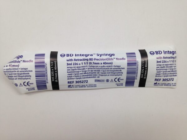 BD 305272 Integra Syringe With Retracting PrecisionGlide Needle, 3mL, 22G x 1 1/2 (38/Bag) (X)