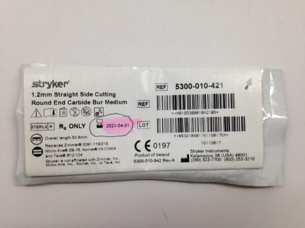 STRYKER 5300-010-421 1.2mm Straight Side Cutting Round End Carbide Bur, Medium (X)