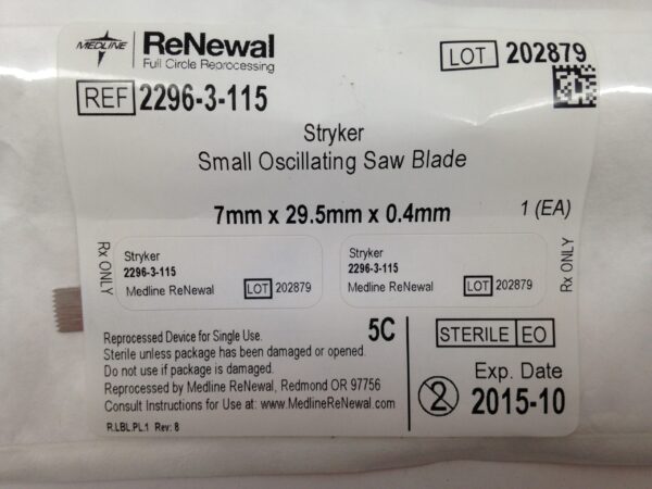 STRYKER 2296-3-115 Small Oscillating Saw Blade, 7mm x 29.5mm x 0.4mm (Reprocessed By Medline) (X)