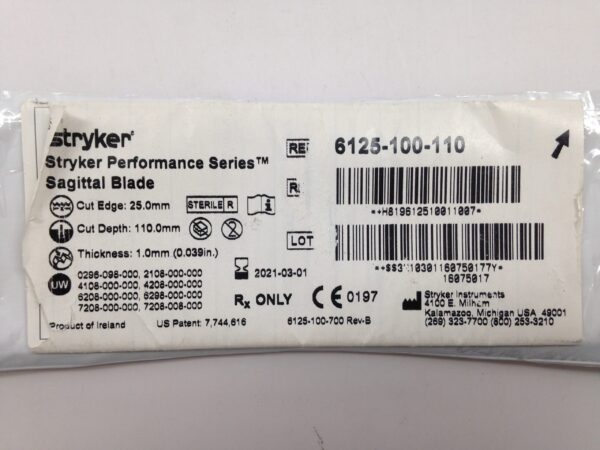 STRYKER 6125-100-110 Performance Series Sagittal Blade, Cut Edge 25.0mm, Cut Depth 110.0mm, Thickness 1.0mm (X)