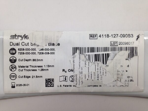 STRYKER 4118-127-090S3 Dual Cut Sagittal Blade, 86.0mm x 1.13mm, x 1.28mm (X)