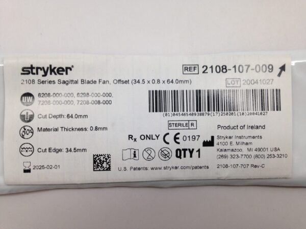 STRYKER 2108-107-009 2108 Series Sagittal Blade Fan, Offset, 34.5 x 0.8 x 64.0mm (X)