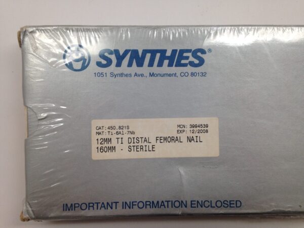SYNTHES 450.821S 12mm TI Distal Femoral Nail, 160mm Sterile (X)