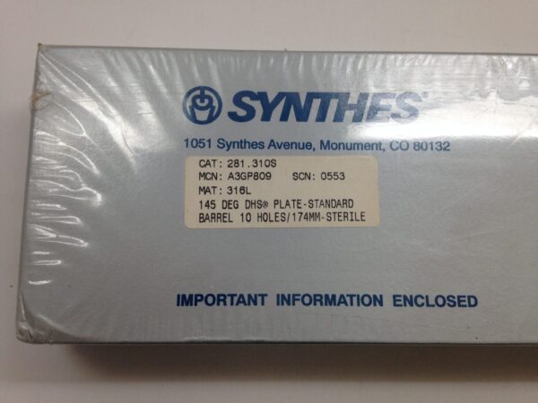SYNTHES 281.310S 145 Deg DHS Plate Standard Barrel 10 Holes/ 174mm Sterile