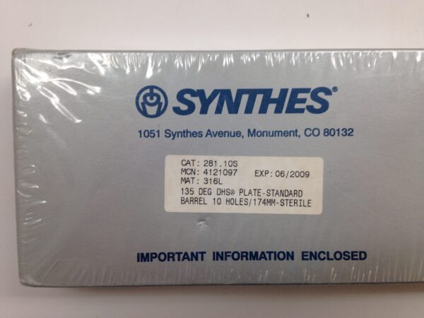 SYNTHES 281.10S 135 Deg DHS Plate Standard Barrel 10 Holes/174mm Sterile (X)