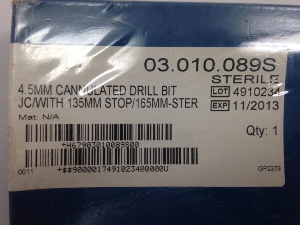 SYNTHES 03.010.089S 4.5mm Cannulated Drill Bit JC/With 135mm Stop/165mm Sterile (X)