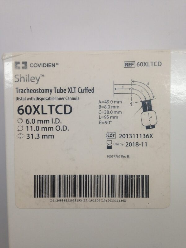 COVIDIEN 60XLTCD Shiley Tracheostomy Tube XLT Cuffed, Distal With Disposable Inner Cannula, 6.0mm I.D., 11.0mm O.D., 31.3mm (X)