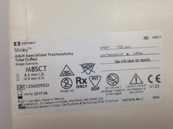 COVIDIEN M8SCT Shiley Adult Specialized Tracheostomy Tube 8.0mm I.D., 10.9mm O.D. (X)