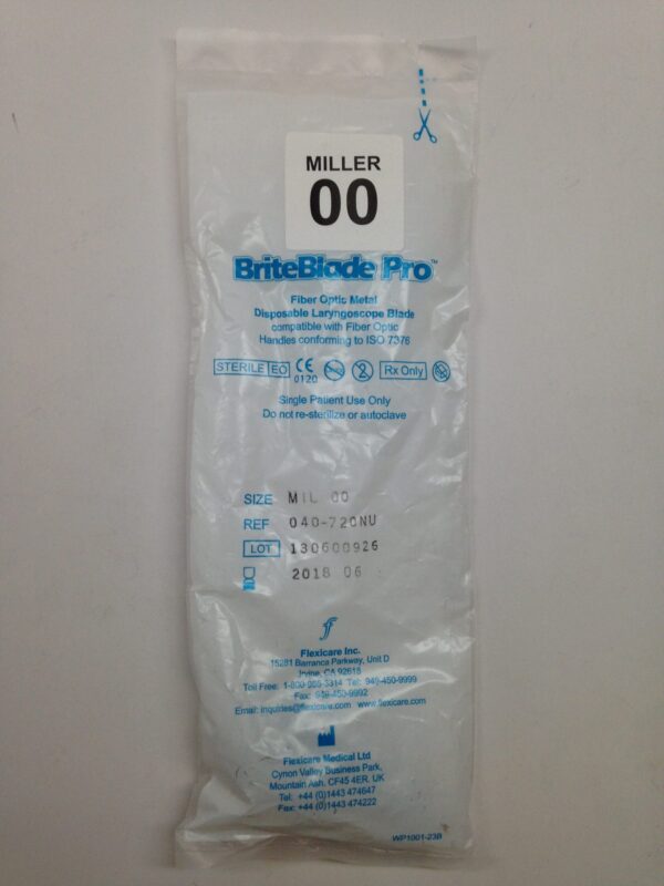 FLEXICARE 040-720NU BriteBlade Pro Fiber Optic Metal Disposable Laryngoscope Blade, Size MIL 00 (X)
