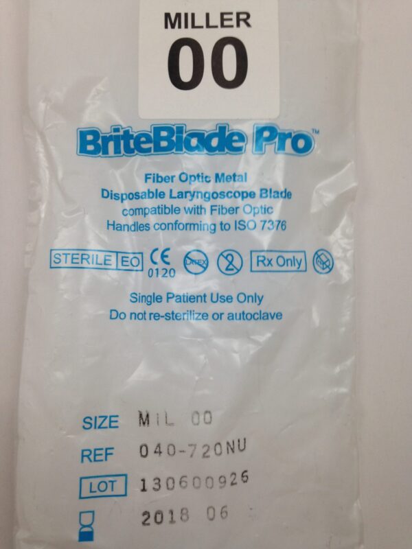 FLEXICARE 040-720NU BriteBlade Pro Fiber Optic Metal Disposable Laryngoscope Blade, Size MIL 00 (X)