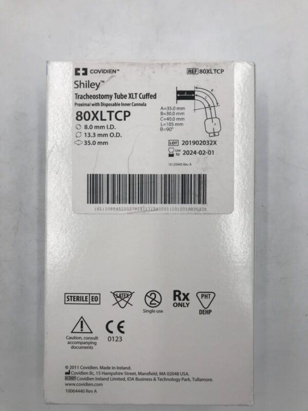 COVIDIEN 80XLTCP Shiley Tracheostomy Tube XLT Cuffed, Proximal With Disposable Inner Cannula, 8.0mm I.D., 13.3mm O.D., 35mm