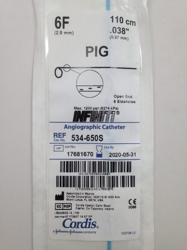 CORDIS 534-650S PIG INFINTI Angiographic Catheter, Open End 6 Sideholes, 6F, 110cm, .038" (X)