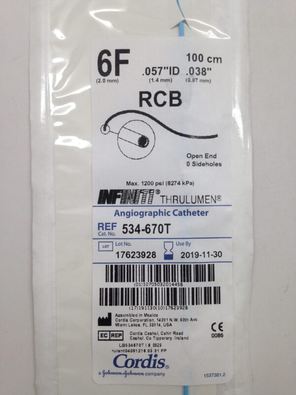 CORDIS 534-670T RCB INFINTI Thrulumen Angiographic Catheter,  6F, 100cm, .057"ID, .038" (X)