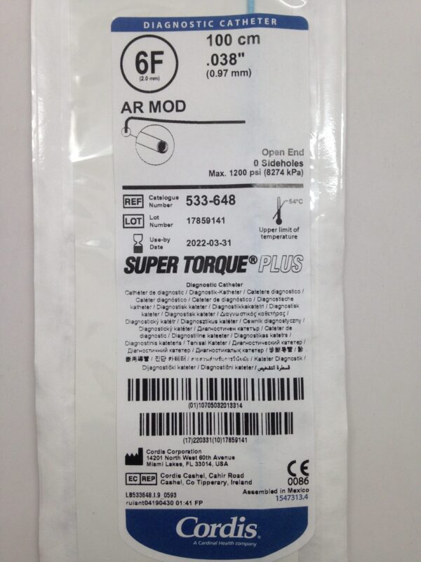 CORDIS 533-648 AR MOD Super Torque Plus Diagnostic Catheter, Open End 0 Sideholes, 6F, 100cm, .038"
