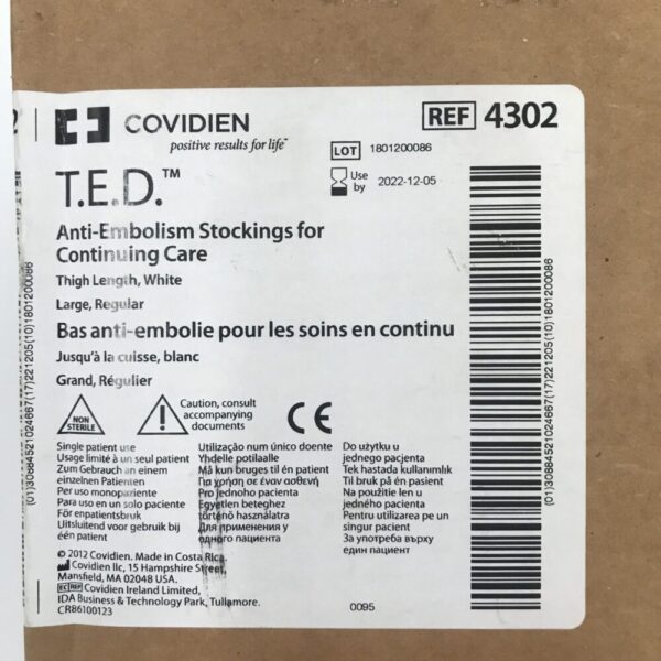 COVIDIEN 4302 T.E.D.Anti-Embolism Stockings For Continuing Care, Thigh Length, White, Large, Regular (6/Box) (X)