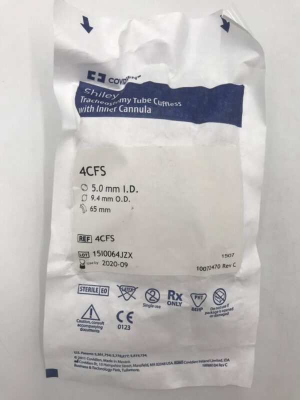 COVIDIEN 4CFS Shiley Tracheostomy Tube Cuffless With Inner Cannula, 5.0mm I.D., 9.4mm O.D., 65mm (X)