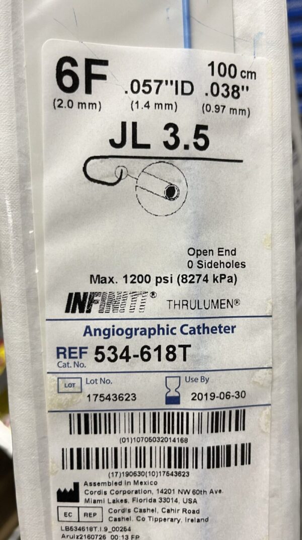 CORDIS 534-618T Infinti Thrulumen Angiographic Catheter  JL 3.5 6F (X)