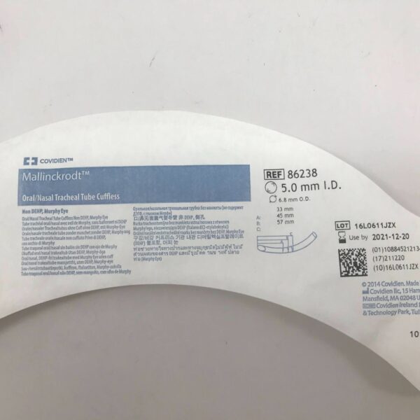 COVIDIEN 86238 Mallinkrodt Oral/Nasal Tracheal Tube Cuffless, Non DEHP, Murphy Eye, 5.0mm I.D., 6.8mm O.D., 33mm, 45mm, 57mm (X)