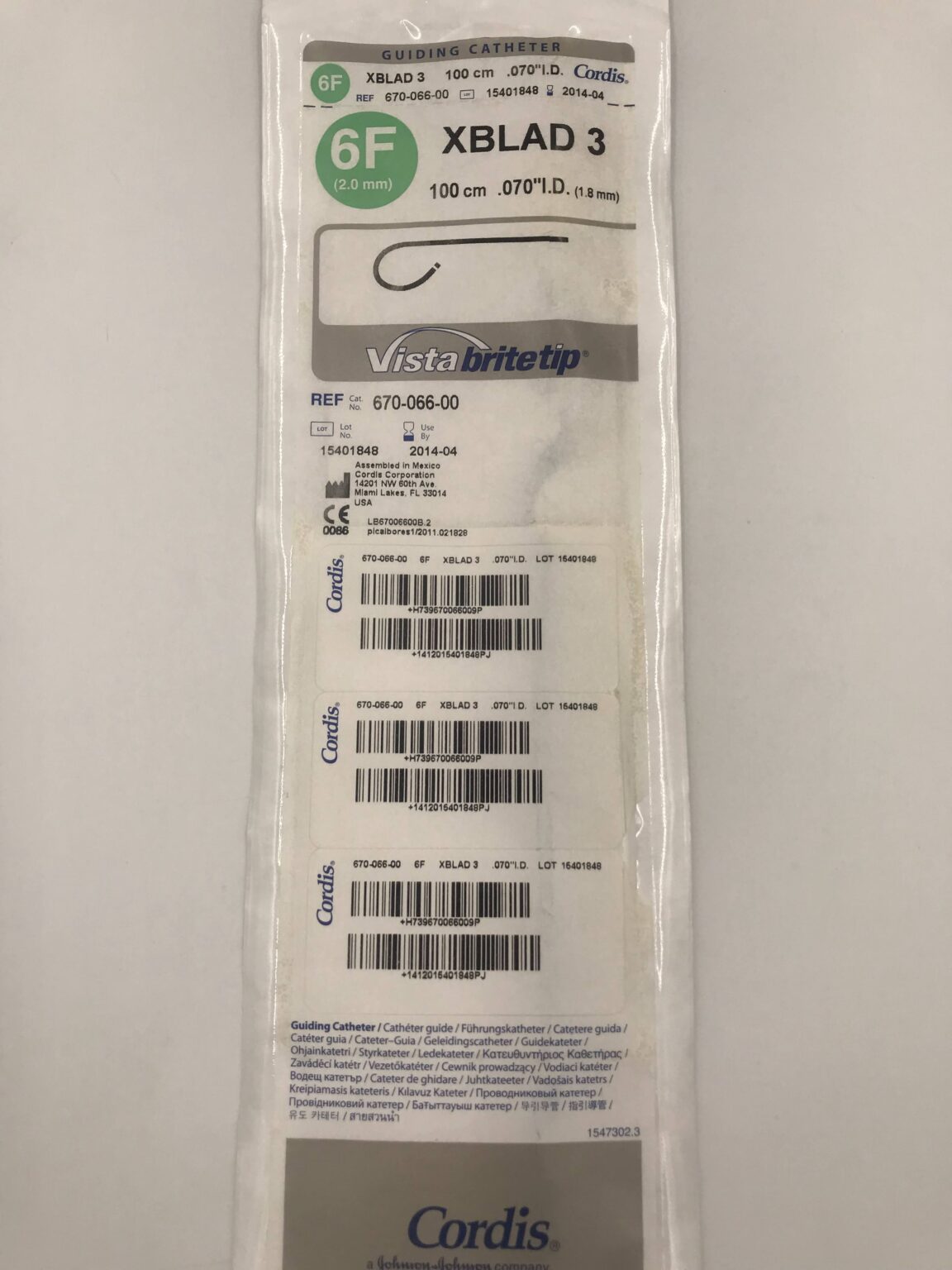 CORDIS 670-066-00 Vista BriteTip Guiding Catheter XBLAD 3, 6F (X