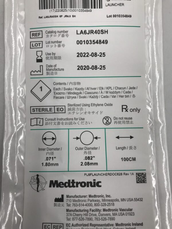 MEDTRONIC LA6JR40SH JR4.0 SH Launcher Guiding Catheter, 6F, .071", 100cm, .082" (X)