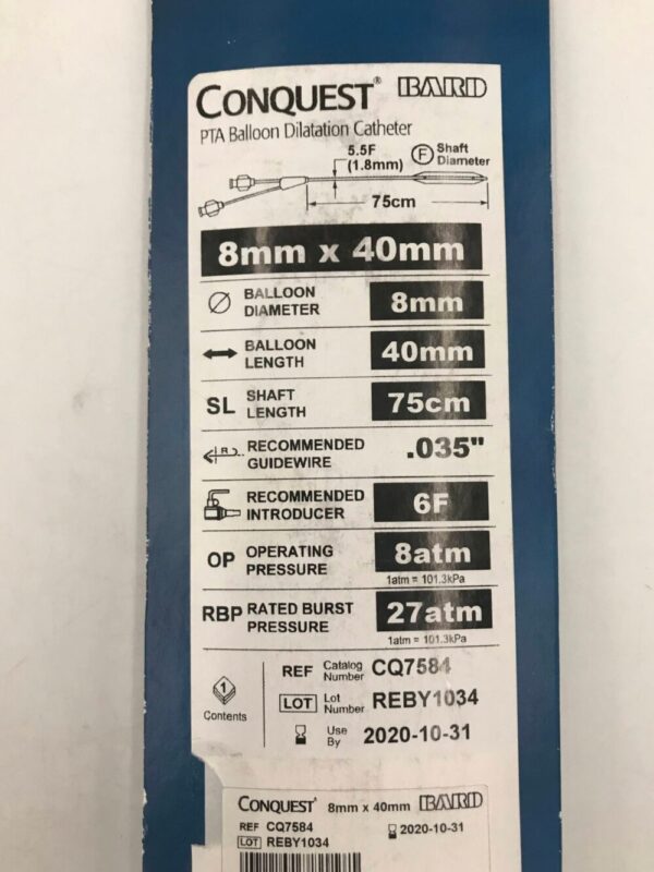 BARD CQ7584 Conquest PTA Balloon Dilatation Catheter, 8mm x 40mm, 5.5F, 75cm Shaft Length, .035" (X)